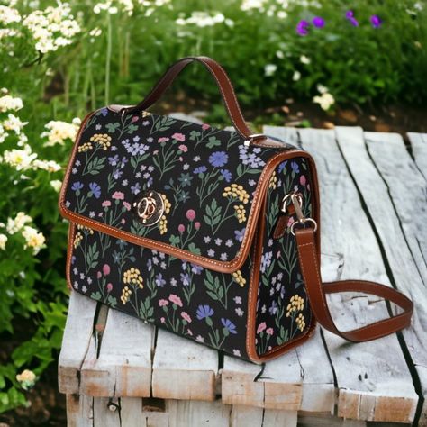 Ipad Storage, Canvas Satchel, Floral Handbags, Dark Cottagecore, Cottagecore Style, Girls Handbags, Travel Tote Bag, Leather Floral, Black Purse