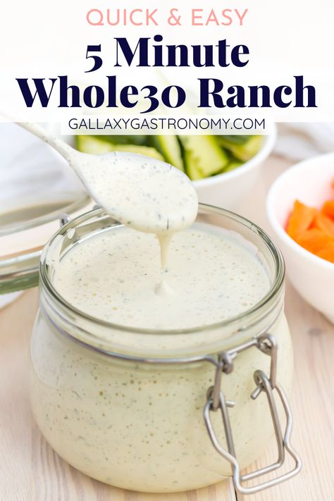 Ready in just 5 minutes, Whole30 Ranch Dressing Recipe is creamy, garlicky, and loaded with herbs! It’s so easy to make (just dump and blend!) and it’s perfect as a dip or drizzled over a hearty salad or over roasted vegetables. You won’t go back to store-bought after you make this recipe! It's perfect for a vegan, dairy-free, or keto diet. Keto Mayonnaise Recipe, Whole30 Ranch, Dump Ranch, Healthy Ranch Dressing, Easy Pasta Sauce, Ranch Dressing Recipe, Ranch Recipe, Kid Friendly Snack, Homemade Mayonnaise