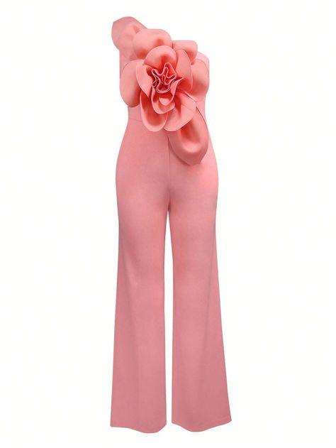 One Shoulder Stereo Flower Jumpsuit | SHEIN EUQS Flower Jumpsuit, Rose Bonbon, Jumpsuit Elegant, Pink Jumpsuit, Jumpsuits For Women, Women Clothing, Knitted Fabric, One Shoulder, Jumpsuit