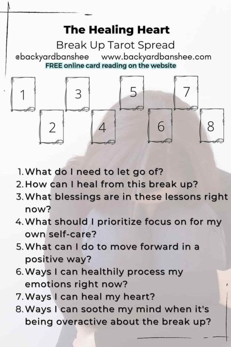 This tarot spread lists 8 questions for the cards, and explained in more detail on the blog, for you to focus on your healing moving on from a break up. If you'd like to see the other break up tarot spreads, I have over 8 on the website ready for you to look into - even if you're deciding on a split yourself! Find out more details at backyardbanshee.com Break Up Tarot Spread, Breakup Tarot Spread, Ex Tarot Spread, Oracle Spreads, Read Tarot, Palmistry Reading, Oracle Card Spreads, Tarot Reading Spreads, Tarot Interpretation