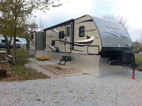 Full time RV living. Skirting trailer with foam insulation board. Rv Skirting, Rv Storage Solutions, Full Time Rv Living, Foam Insulation Board, 5th Wheel Rv, Rv Maintenance, Diy Camper Remodel, Trailer Living, Diy Rv