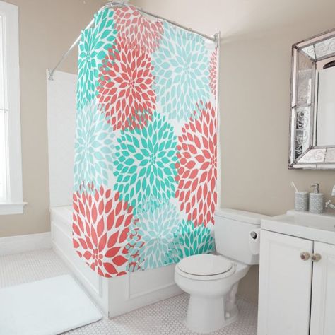 Coral Aqua Floral Dahlia Floral - Popular Zazzle Product! Best choice, tags : #invitations, #tshirt, #card, #InvitationsCard, #legging, #trending, #holiday Coral Bathroom Decor, Coral Bathroom, Teal Shower Curtains, Purple Bathroom Decor, Floral Bathroom Decor, Bathroom Decor Signs, Bathroom Counter Decor, Teal Bathroom, Bathroom Decor Themes