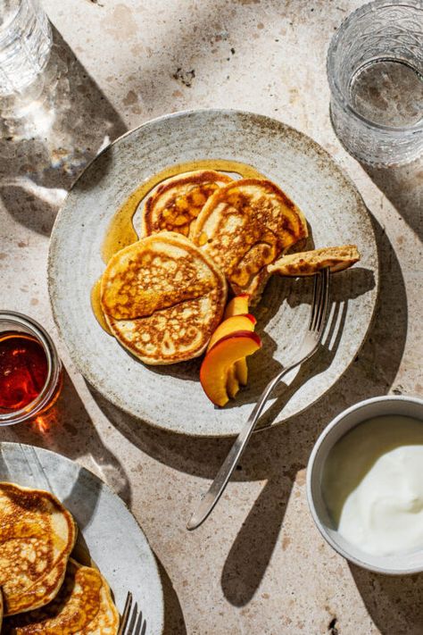 Oat Milk Pancakes - Occasionally Eggs Milk Pancakes, Crepe Suzette, Rhubarb Compote, Eggs Recipes, Buckwheat Pancakes, Spelt Flour, Sweet Food, Vegetarian Breakfast, White Flour