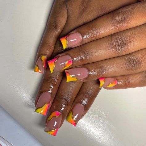 Short Summer Nails Black Women, Short Orange Nail Designs, Work Manicure, Mixed Color Nails, Yellow Coffin Nails, Flames Nails, Nextgen Nails, Acrylic Nail Designs Classy, Acrylic Nail Designs Coffin