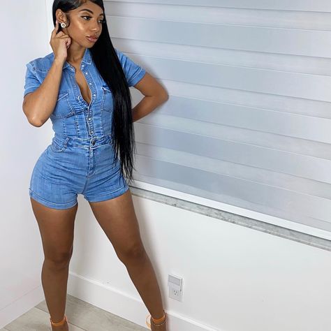 Due to ** HIGH DEMAND ** this romper (in a DARK DENIM) is available online for preorder (ships next Friday 8/28) | Instagram Jean Romper, Next Friday, August 21, Dark Denim, Fashion Boutique, Pre Order, Black Women, That Look, Girl Outfits