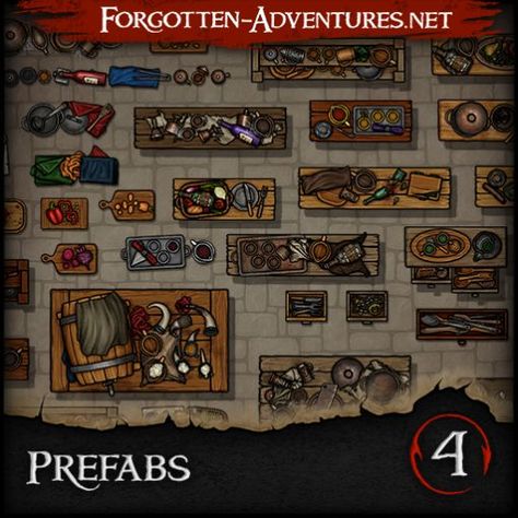 Prefabs are hand-crafted standalone objects/assets of various pre-arranged pieces – In this pack, we have some filled tables, shelves, cupboards as well as standalone arranged clutter! #dnd #dungeonsanddragons #ttrpg #rpg #tabletop #fantasy #pathfinder #dndhomebrew #assets #patreon #dnd5e #digitalart #art #artistsoninstagram #artist #dndart #dndartwork #dndart #prefabs #mapmaking Dnd Backgrounds, Virtual Tabletop, What Are We, D D Maps, Dnd Art, Digital Assets, Environment Concept Art, Art Table, Birds Eye View