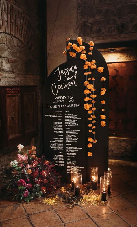 Halloween Wedding Altar, Asta La Muerte Wedding, Black Mexican Theme Wedding, Dark Mexican Theme Wedding, Book Of Life Wedding Theme, Goth Wedding Seating Chart, Cielito Lindo Wedding Theme, Moody Mexican Wedding, Halloween Wedding Bridesmaids