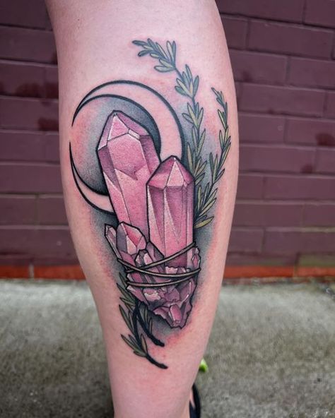 Crystal Bundle Tattoo, Black Crystal Tattoo, Quartz Crystal Tattoo, Rose Quartz Tattoo, Crystal Tattoo Design, Amethyst Tattoo, Rosemary Tattoo, Crystal Tattoos, Miscellaneous Tattoos