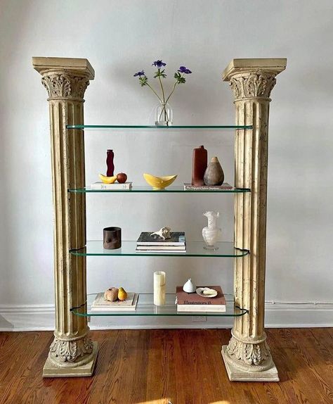 Greek Bedroom, Shelf Measurements, Greek Decor, Mediterranean Interior, Mediterranean Style Home, Roman Columns, Apartment Makeover, Showroom Interior Design, Glass Shelf