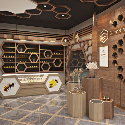 Honey Store Design, Honey Shop Design Ideas, Honey Shop Design, Bee Hive Design, Lcd Panel Design, Honey Store, Store Shelves Design, Wood Hexagon, Grocery Store Design