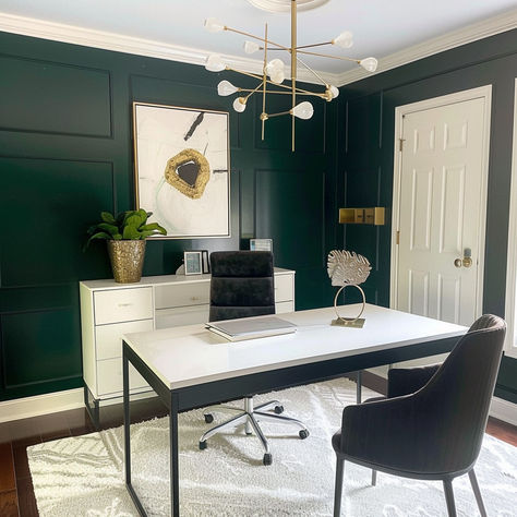 The 11 Best Home Office Paint Colors Modern Green Office Design, Equestrian Green Behr, Dark Paint Colors For Office, Forest Green Office Walls, Hunter Green Office Walls, Green Office Paint Colors, Green Paint Office, Hunter Green Office, Color Drenched Office