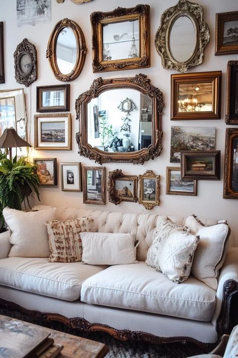 Old Fashioned Gallery Wall, Gallery Wall Mirrors And Pictures, Photo Wall Collage With Mirror, Gallery Wall With Large Mirror, Ornate Gallery Wall, Gallery Wall Around Mirror, Vintage Mirror Gallery Wall, Wall Of Mirrors Ideas Living Room, Photo Wall With Mirror