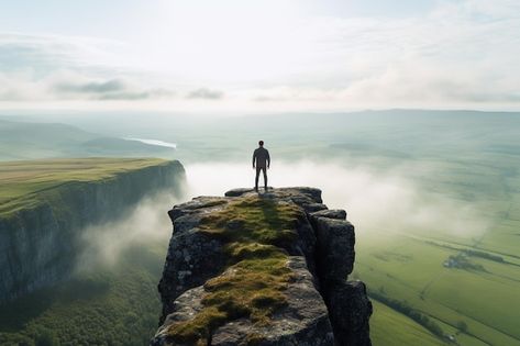 A person standing at the edge of a cliff looking out into a vast landscape mental health Person Standing On Cliff, Cliff Reference, A Person Standing, Edge Of A Cliff, Vast Landscape, Vector Background Pattern, Free Business Card Mockup, Above The Clouds, Person Standing