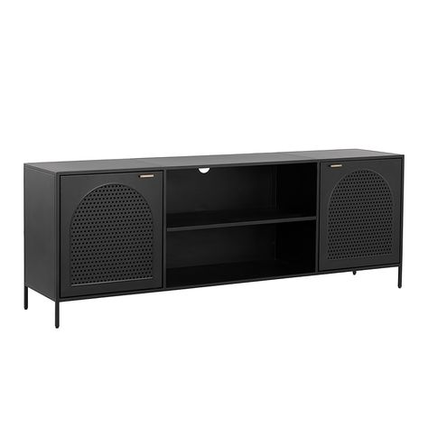 Metal Media Console, Industrial Media Console, Media Storage Unit, Cool Tv Stands, Black Steel Frame, Console Cabinet, Perforated Metal, Media Unit, Media Cabinet