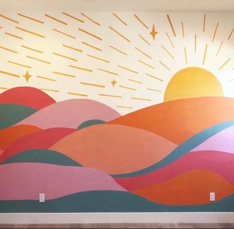 Sunrise Interior Mural - Jessica Csanky Art Christian Wall Mural Ideas, Easy Painted Wall Murals, Easy Playroom Mural, Kids Playroom Mural Ideas, Fun Mural Ideas, Sunset Mural Painting, Christian Murals Wall Art, Classroom Wall Mural, Small Mural Ideas