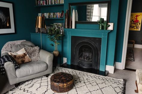 A Designer Makes Her Living Room Feel "A Little More Us" | Apartment Therapy Living Room Dark Green, Farrow And Ball Living Room, Living Room Dark, Teal Living Rooms, Fireplaces Ideas, Dream House Living Room, Dark Green Walls, Room Dark, Ball Ideas