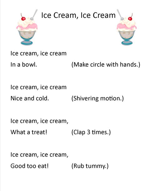 Action rhyme for Ice Cream Preschool Poems, Toddler Songs, English Rhymes, Circle Time Songs, Kindergarten Songs, Songs For Toddlers, Classroom Songs, Nursery Songs, School Songs