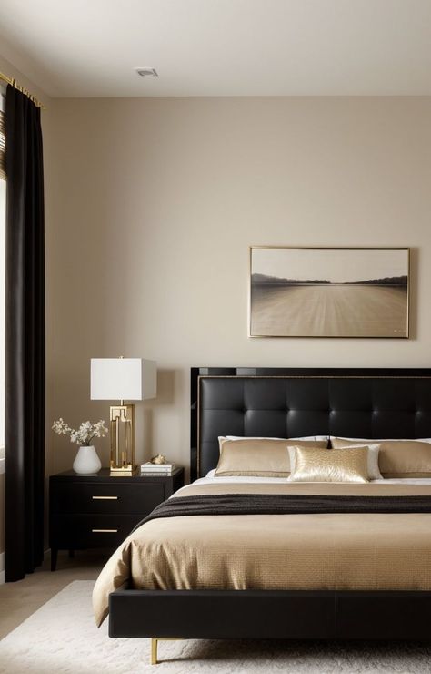 Beige And Black Bedroom Ideas, Beige And Black Bedroom, Black And Cream Bedroom, Beige Upholstered Bed, Beige Bed Frame, Beige Walls Bedroom, Black Nightstands, Black Bedroom Ideas, Beige Room