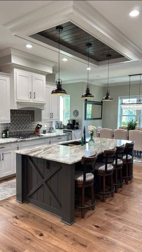 Grey White And Brown Kitchen, Modern House Decor Kitchen, Contemporary Farmhouse Kitchen Modern, Barndominium Kitchen And Living Room, Kitchen With Dark Appliances, Barnodium Kitchen, Kitchen With White Cabinets And Black Island, Dream Kitchen Aesthetic, Different Types Of Kitchens