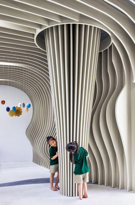 Laboratory for Visionary Architecture Integrates Organic Forms For a Kindergarten School in Central Vietnam Window Frame Colours, Porthole Window, Concrete Facade, Wooden Architecture, Brick Facade, Educational Projects, Google Lens, Roof Design, Organic Form