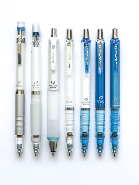 White and Turquoise Delguards Zebra Delguard Mechanical Pencil, Muji Pens, Pen Stationary, Studying Stationary, Stationery Obsession, Colorful Stationery, School Equipment, Erasable Gel Pens, Frixion Pens