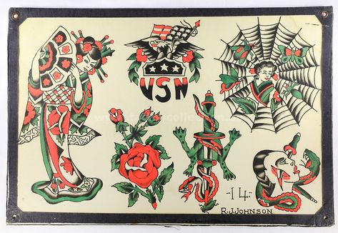 Ralph Johnstone Tattoo Flash, Ralph Johnstone, Trad Flash, Antique Tattoo, Vintage Tattoo Design, 13 Tattoos, Traditional Flash, Tattoo Flash Sheet, Creepy Tattoos