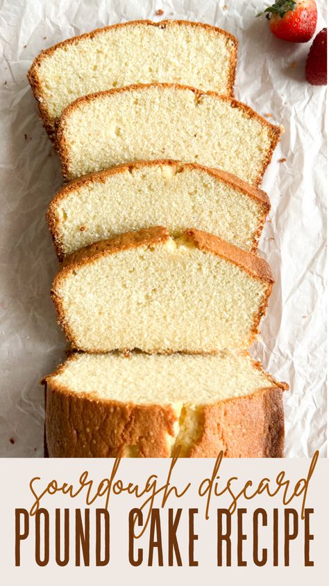 Sourdough discard gives this recipe a slight tang that pairs beautifully with its sweet, rich and buttery flavor. Top this Sourdough Pound Cake with fresh strawberries and homemade whipped cream for the perfect sourdough strawberry short cake Sourdough Discard Shortcake Recipe, Strawberry Discard Recipes, Sourdough Coconut Cake, Sourdough Discard Birthday Cake, Sourdough Lemon Pound Cake, Discard Cake Recipe, Sourdough Angel Food Cake, Sourdough White Cake, Sourdough Discard Fruit Pizza