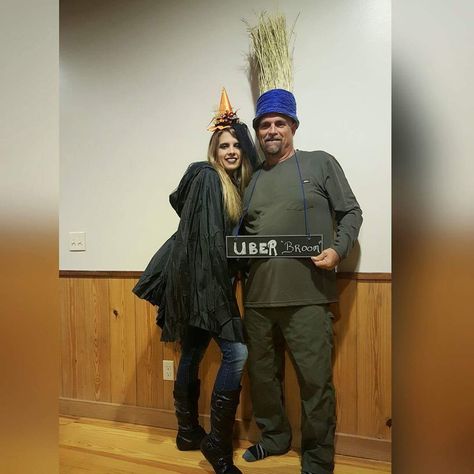 Halloween couples costume idea. Witch and her broom. Broom Costume Human, Witch And Broom Costume Couple, Matching Halloween Costumes For Couples, Witch And Warlock, Halloween Costumes Witch, Cute Couple Halloween, Warlock Costume, Broom Costume, Halloween Couples Costume