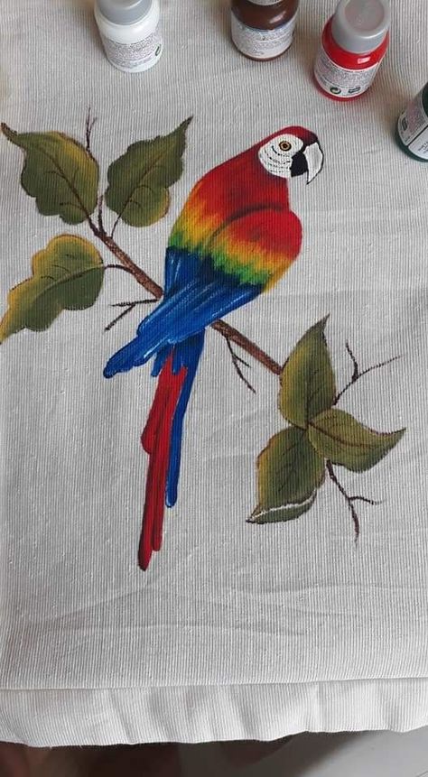 Fabric Painting Birds Designs, Painting Sarees, Fabric Colour Painting, Fabric Paint Shirt, Parrot Painting, Saree Painting Designs, Fabric Paint Diy, Modern Art Canvas Painting, Painted Clothes Diy