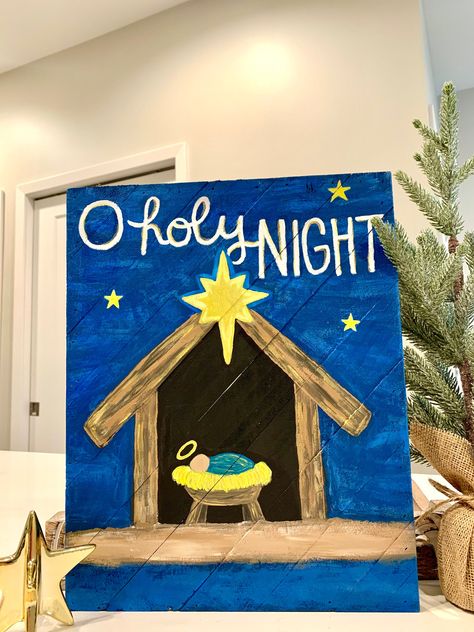 Painted Nativity Scene On Canvas, Easy Nativity Painting, Nativity Paintings, Manger Scenes Nativity, Nativity Art, Nativity Decor, January Month, Window Paint, Nativity Painting