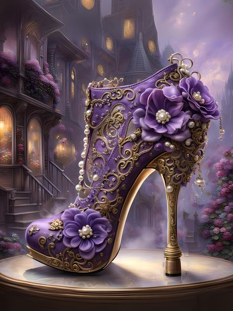 Steampunk stiletto with purple flowers art print by Glenda Stevens.   A fantastical purple high-heeled shoe adorned with golden filigree, pearls, and large purple flowers takes center stage, suggesting a fairytale-like theme. Set against a backdrop of a mystical Victorian-style house and blooming trees, the entire scene emits a sense of magical elegance and whimsy. Bring your artwork to life with the texture and depth of a stretched canvas print. Your image gets printed onto one of our premium c Fantasy Heels, Pretty Shoes High Heels, Purple Steampunk, Disney Princess Shoes, Whimsical Shoes, Quirky Shoes, Purple High Heels, Fantasy High, Magic Shoes