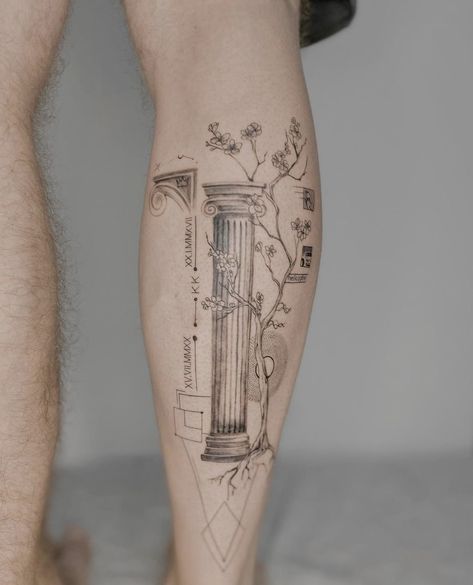 Pompeii Tattoo Ideas, Greco Roman Tattoo, Greek Architecture Tattoo, Greek Column Tattoo, Architecture Tattoo Ideas, Greek Geometric Tattoo, Babylon Tattoo, Pillar Tattoo, Column Tattoo