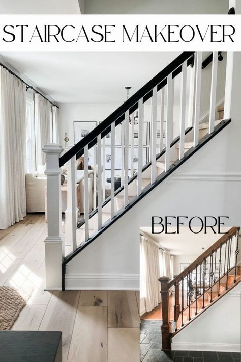 #remodeling #stairsmakeover #homdecor #stairsdecor Modern Wood Stairs Design, Staircase Makeover Before After, Interior Stair Railing Ideas Wood, Staircase Before And After, Updated Staircase Ideas, Lvp Stairs With White Risers, Staircase Remodel Before And After, Diy Banister Makeover, Staircase Railing Makeover