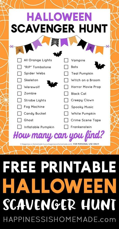 Free Printable Halloween Scavenger Hunt Game: This free printable Halloween Scavenger Hunt game is fun for all ages! Seek and find all the Halloween items - the first person to find them all (or find the most) wins! Halloween Decorations Scavenger Hunt, Halloween Picture Scavenger Hunt, Halloween Program Ideas, Halloween Scavenger Hunt For Teenagers, Halloween Fundraiser Ideas, Halloween Photo Scavenger Hunt, Halloween Scavenger Hunt For Kids, Halloween Hunt, Scavenger Hunt Template