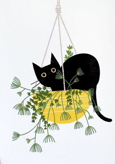 Whimsical Cat Art, Ideas Illustration, Cat Art Illustration, Posca Art, Black Cat Art, Cat Artwork, A Black Cat, Cats Illustration, Plant Illustration