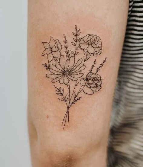 Minimalist Flower Bouquet Tattoo, Mum Of 3 Tattoo, Bouquet Of 4 Flowers Tattoo, Birth Flower Bouquet Tattoo Ideas, Grandparents Flower Tattoo, Bouquet Of Flower Tattoo, Flower Bouquet Tattoo Back Of Arm, Linework Flower Bouquet Tattoo, 5 Flower Bouquet Tattoo