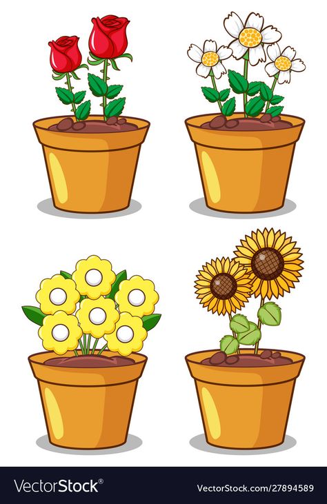 Flower Pot Illustration, Flower Pot Clipart, Flower Pot Drawing, Plants Cartoon, Plants Drawing, Pink Cake Toppers, Cartoon Garden, Plant Cartoon, Potted Flowers