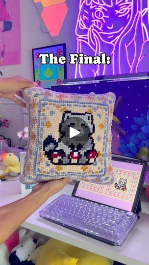 87K views · 12K reactions | Crochet & Cross-Stitch A Commission W/ Me!✨🍄

This piece was so much fun to do!! 🦝 I’ve never done a pillow with a full corner to corner design on both sides like this! But it was really fun and super cool to see what I can accomplish !!🌷 This project definitely has pushed me to create more detail pieces!! 

Want to create a pillow like this? 🤍 
You can get my Pattern on my website Pxl Pals!✨⭐️

#crochet #crochetpattern #crossstitch #fiberartist #fiberart #stardewvalley | 𝗘𝘇𝗹𝘆𝗵 | French Fuse · Space Cross Stitch Pillow, Crochet Pillow, Crochet Cross, Corner Designs, Fiber Art, Siding, Cross Stitch, Crochet Patterns, Pillows