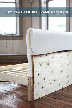 Turn in an expensive bed frame into a comfy cool couch. This would be a great weekend DIY to try! Ikea Bed Hacks, Ikea Bed Hack, Bed Hacks, Diy Pallet Couch, Mini Couch, Sofa Makeover, Diy Daybed, Diy Furniture Cheap, Ikea Couch