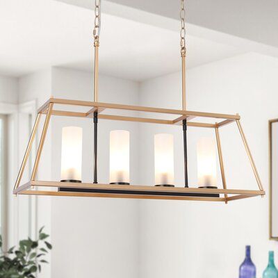 Made of premium metal in a dark-gold finish, with cylinder frosted glass shades, this 4 light island light fixture is perfect for your modern kitchen island or dining table. What's more, the two hanging chains can be adjusted to the customized height from 23.5'' to 80.5''. Four E12, type B, max 40W bulbs are needed to brighten it up. | Mercer41 Chriss 4 - Light Kitchen Island Linear Pendant Glass in White / Yellow, Size 19.5 H x 28.5 W x 9.0 D in | Wayfair Lights For Dining Room, Candlestick Chandelier, Island Light Fixtures, Cage Chandelier, Kitchen Island Chandelier, Island Chandelier, Cage Pendant Light, Kitchen Island Linear Pendant, Modern Kitchen Island