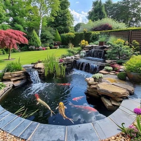 28 Stunning Koi Pond Waterfall Designs - Pond Informer Backyard Koi Pond With Waterfall, Pond Koi Fish, Beautiful Koi Ponds, Natural Pond Waterfall, Koi Ponds With Waterfalls, Koi Ponds Ideas, Pond Landscaping Ideas Large, Small Ponds With Waterfall, Koi Fish Pond Backyard