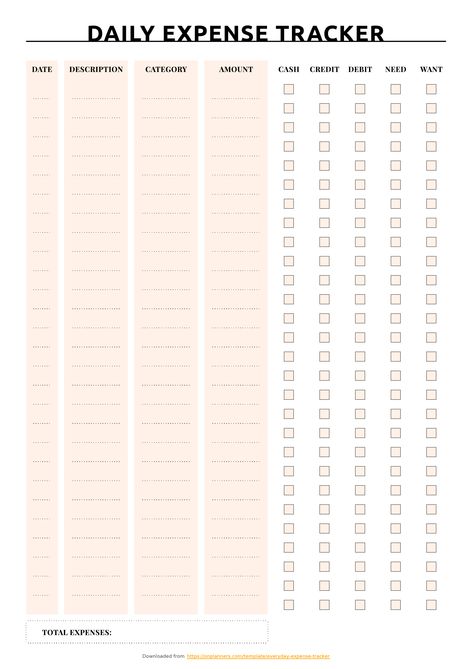 Keep your daily money spending with this pretty simple personal daily expense tracker. Using this printable template, you can learn to be more conscious about your budget. This simple tracker is great for this purpose. In order to write down where you spend your money, you need to categorize your expenses. Understandable category and short description are all you need. You can also track your spending by choosing the types of stores you shop at. Fill in the amount of money you spend on it. For e Diy Expense Tracker, How To Spend Money, Daily Financial Planner, Spending Tracker Categories, Weekly Money Tracker, How To Track Your Spending, Personal Expenses Tracker, Track Your Spending, How To Keep Track Of Money