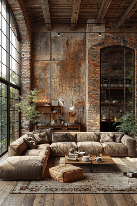 loft design decor New York Loft Apartment Industrial, Swedish Style Living Room, Industrial Scandinavian Interior, Eclectic Industrial Decor, Loft Decor Ideas, Industrial Living Room Design, Brick Living Room, Industrial Scandinavian, Rustic Loft