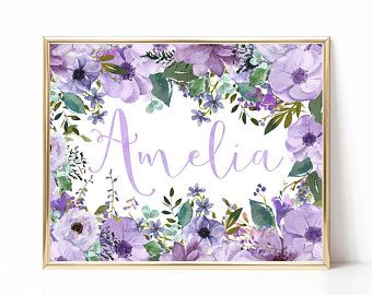 Lavender Nursery Art, Purple Floral Nursery, Watercolor Floral Nursery, Lavender Nursery, Baby Name Art, Lavender Decor, Girls Room Wall Art, Nursery Wall Art Girl, Girl Nursery Wall