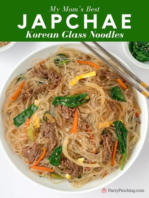 japchae glass noodles, korean glass noodles, best japchae glass noodle recipe, easy japchae recipe, my mom's best japchae recipe korean glass noodles, best Korean food recipe, authentic Korean food easy Glass Noodle Recipes Easy, Japchae Recipe Korean, Korean Food Recipe, Japchae Noodles, Japchae Recipe, Noodles Korean, Glass Noodles Recipe, Authentic Korean Food, Korean Vegetables