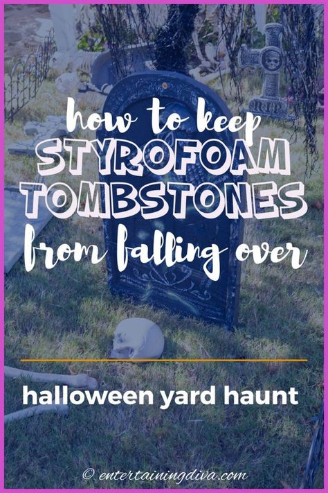 How To Keep Halloween Tombstones From Falling Over, Tombstone Halloween Decor, Halloween Tombstones Diy Funny, Diy Gravestone Halloween, Diy Tombstones Halloween, Halloween Tombstone Sayings, Halloween Tombstones Diy, Halloween Headstone, Tombstone Diy