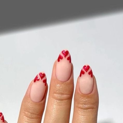 French Tip With Little Design, Nails French With Design, Hearts French Tip Nails, Valentine Nails French, Heart Tipped Nails, French Tip Nails Valentines Day, French Valentine Nails, Valentine’s Day Nails Almond, Nails Design French Tip Ideas