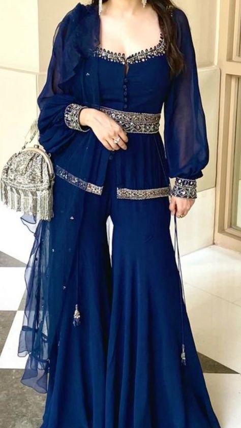 Sharara From Saree Ideas, Royal Blue Sharara Suit, Classy Indian Outfits For Women, New Garara Designs, Indian Royal Outfits, Royal Blue Sharara, Blue Garara, Sharara Dress Design, Sharara Suit Design