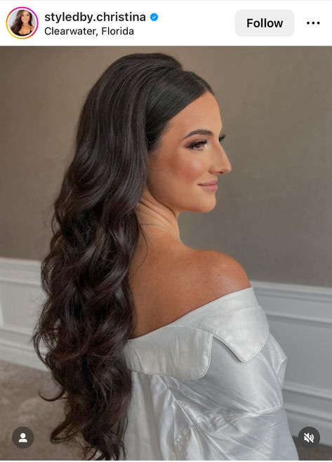 Wedding Hair Down Front Slicked, Slick Formal Hairstyles, Slick Front Curly Hair, Wedding Hair All Down Curls, Best Hairstyles For Off Shoulder Dress, Wedding Hairstyles Extensions, Bride Hair Long Down, Hairstyles For Strapless Dress Formal, Bride Hair Down Curls