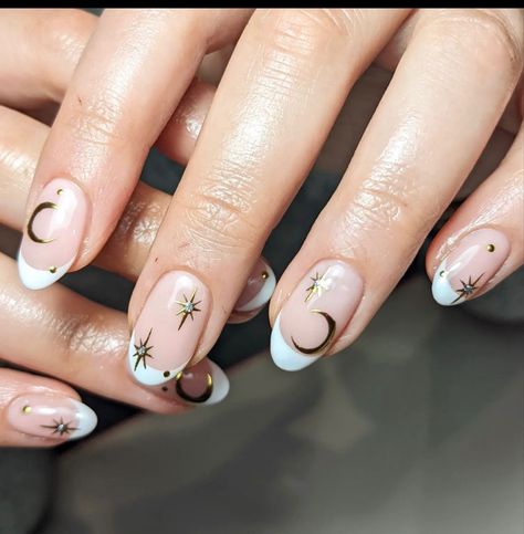 Sun And Moon French Tip Nails, French Tip Celestial Nails, Sun And Stars Nails, Star Wedding Nails, Celestial Bridal Nails, Short Moon Nails, Sun And Moon Acrylic Nails, Short Celestial Nails, Celestial Nails Short